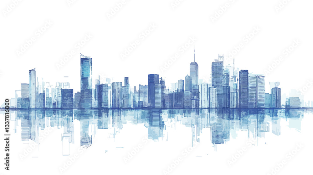 Fototapeta premium An illustration depicting a stylized cityscape skyline in shades of blue. The buildings are simplified, almost abstract in form. The skyline is reflected in calm water at the base of the image,