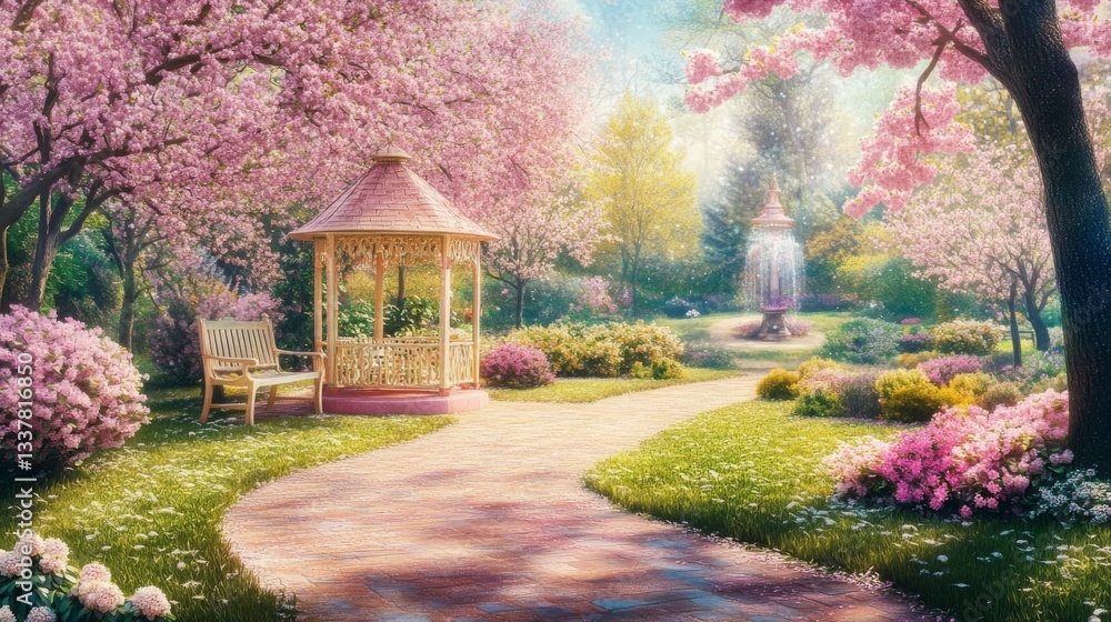 A serene Garden with Blossom, showcasing a dreamy pink fantasy landscape adorned with butterflies, captures the essence of spring's beauty, a blend of nature's elements, idea place for wedding, event A serene Garden with Blossom, showcasing a dreamy pink fantasy landscape adorned with butterflies, captures the essence of spring's beauty, a blend of nature's elements, idea place for wedding, event
