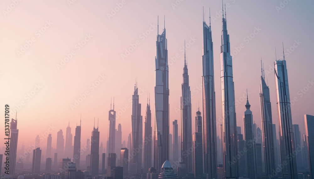 Majestic City Skyline at Sunset with Stunning Tall Modern Buildings Majestic City Skyline at Sunset with Stunning Tall Modern Buildings