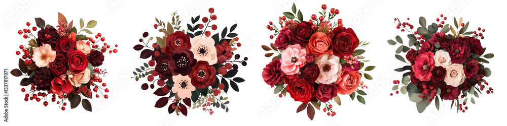 Obraz premium Beautifully arranged bouquets featuring vibrant red and pink roses with lush greenery and other complementary flowers