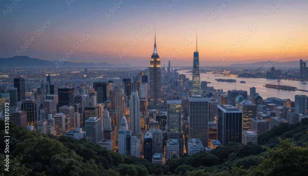 Fototapeta premium Vibrant Sunset Over Iconic City Skyline with Skyscrapers and River