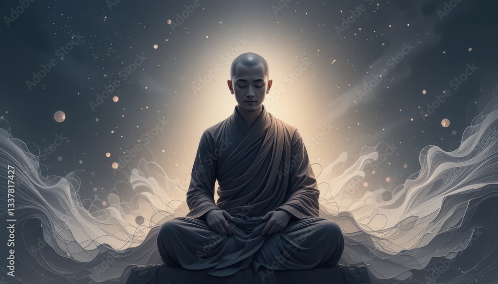 Fototapeta premium Serene Meditation of a Monk Surrounded by Ethereal Light and Calm