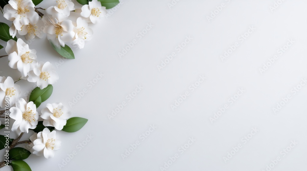Delicate white flowers and leaves frame a blank surface Delicate white flowers and leaves frame a blank surface