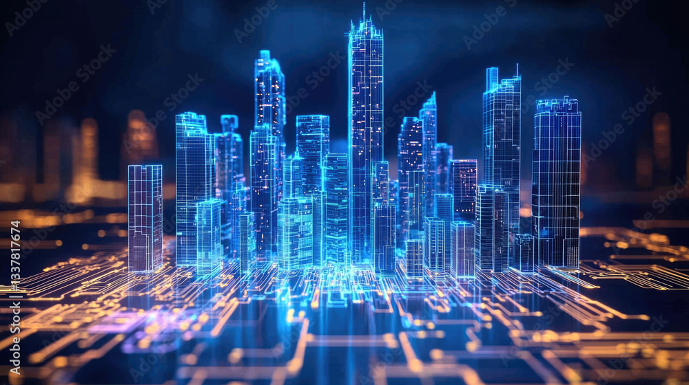 Obraz premium futuristic cityscape with glowing skyscrapers and digital circuit pattern, showcasing advanced technology and innovation