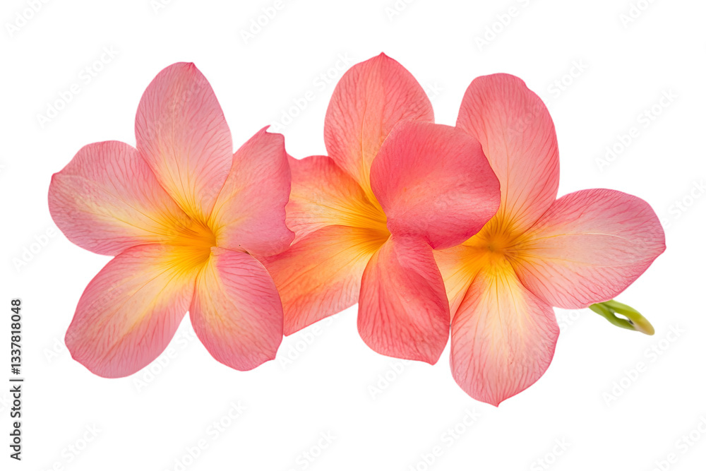 Fototapeta premium Trio of Pink and Yellow Plumeria Blossoms Blooming with Transparent Backdrop Revealing Delicate Petal Texture and Fragrant Tropical Beauty