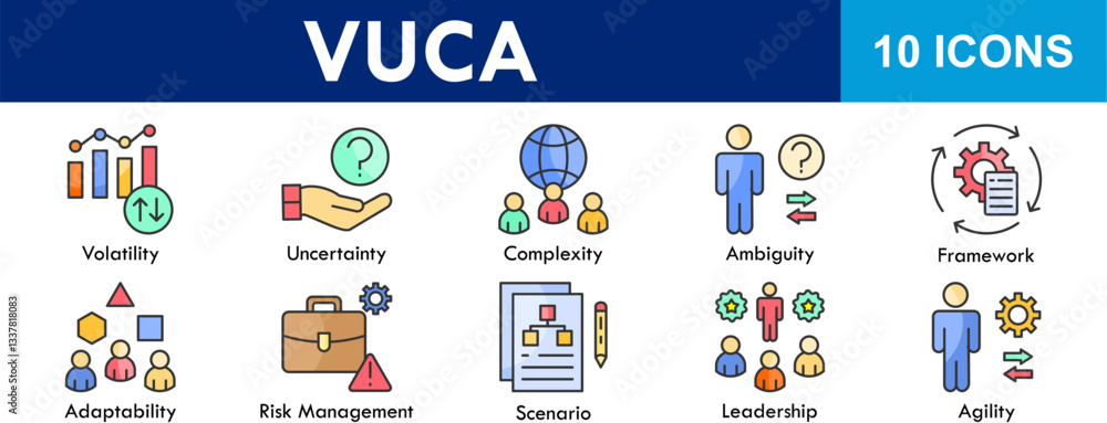 VUCA icon collection set. Containing design volatility, uncertainty, complexity, ambiguity VUCA icon collection set. Containing design volatility, uncertainty, complexity, ambiguity