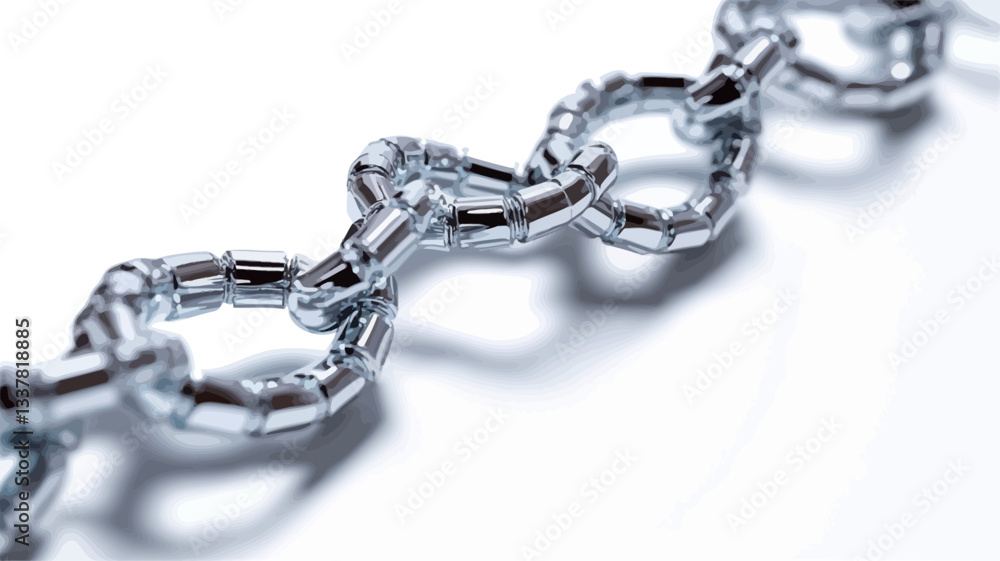 Fototapeta premium Close-up macro photograph of a section of a metallic chain against a pure white background. The image showcases the intricate detail of the interlocked links, highlighting the texture and
