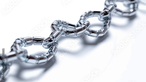 Close-up macro photograph of a section of a metallic chain against a pure white background. The image showcases the intricate detail of the interlocked links, highlighting the texture and