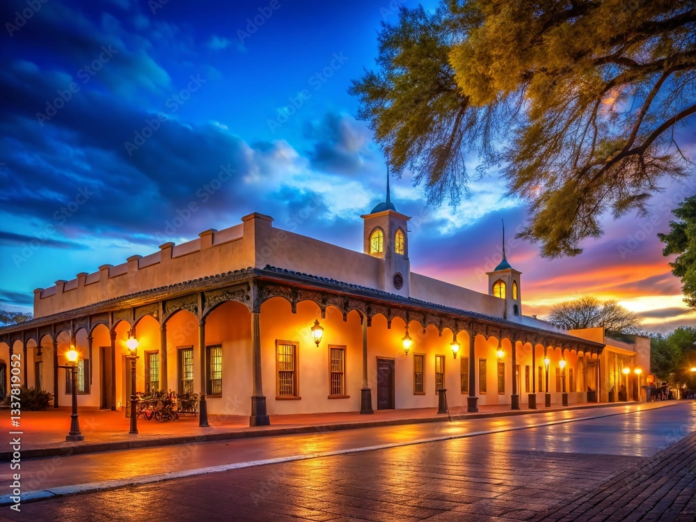 Obraz premium Santa Fe Palace of the Governors: Bokeh Night Photography, New Mexico Landmark