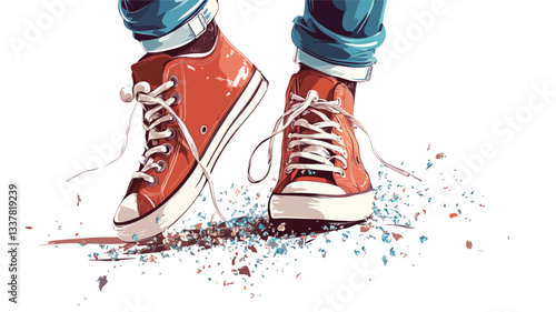 Close-up vector illustration of a pair of orange canvas sneakers and the lower portion of blue jeans. The shoes are tied with white laces, and there are small details of texture on the ground. The
