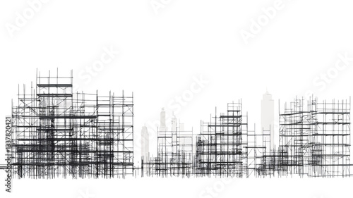 The image is a monochrome, high-contrast representation of a cityscape depicted through the abstract rendering of numerous scaffolding structures.  The scaffolding elements vary in height and