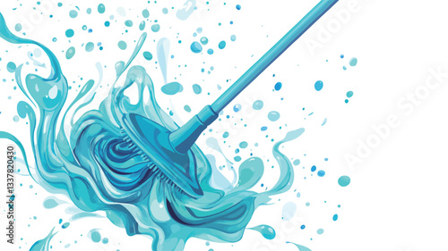 The image is a digital illustration depicting a vibrant blue liquid splashing dynamically around a tool resembling a mop or brush head on a stick. The liquid is rendered with a high level of