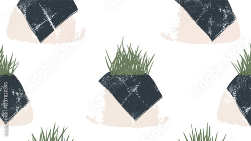 A digital illustration showing a seamless repeating pattern of onigiri rice balls. The onigiri are depicted in a simplified, hand-drawn style with a creamy white rice base, dark-colored nori