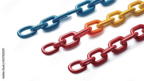 Close-up shot of three plastic chains in red, yellow, and blue.  The chains are arranged parallel to each other against a clean white background. The image is sharply focused, highlighting the