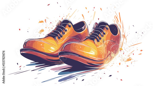 Digital illustration of a pair of yellow leather oxford shoes in motion. The shoes are depicted with a motion blur effect, suggesting speed and movement. The background features stylized splashes