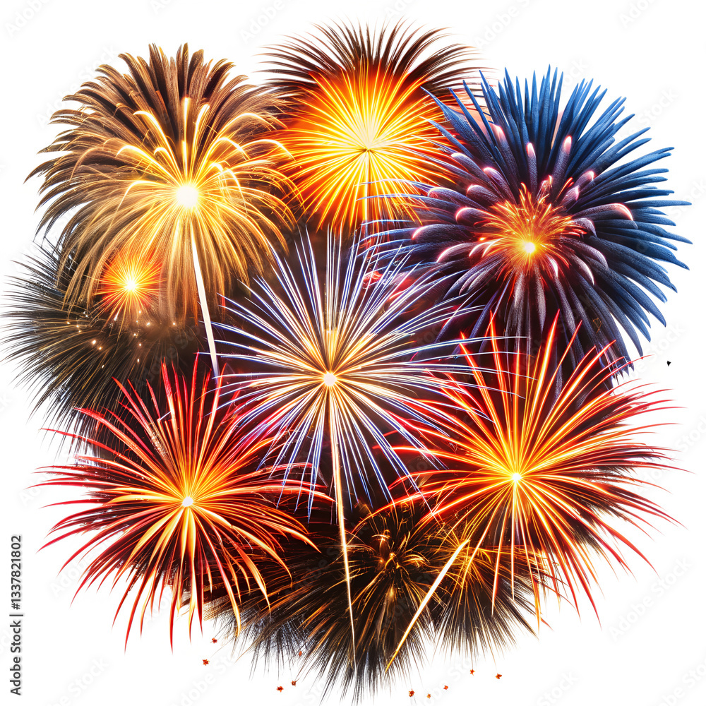 Obraz premium Colorful festive fireworks burst, festive fireworks patterns on isolated white background