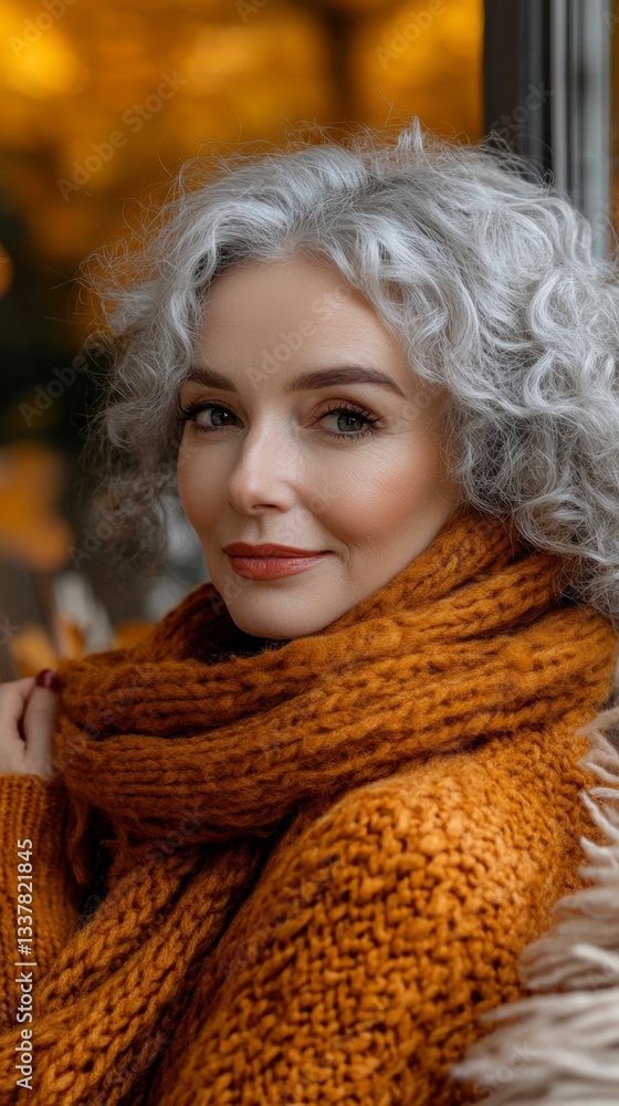 Portrait of a woman with short, gray curly hair wearing a rust colored knit sweater and scarf. Soft, natural lighting, autumnal background. Portrait of a woman with short, gray curly hair wearing a rust colored knit sweater and scarf. Soft, natural lighting, autumnal background.