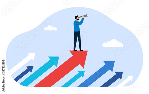 Business vision and target, Businessman holding telescope standing on arrow up looking for success in career. Business, Achievement, Character, Leader vector illustration