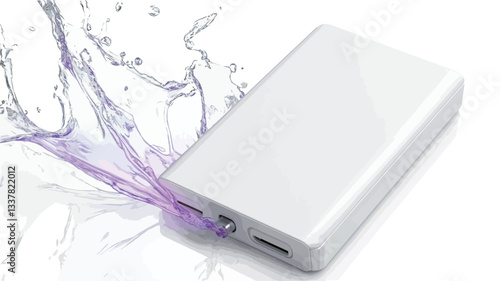 Close-up studio shot of a rectangular white portable power bank.  The power bank is depicted slightly angled, positioned on a white background.  Stylized water splashes, rendered in shades of light