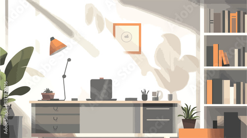 The image is a digital illustration depicting a modern home office. The scene is dominated by a long, low desk with a laptop and various small objects on it, positioned against a white wall.  A