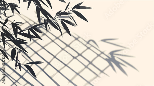 Close-up image featuring dark silhouettes of bamboo leaves partially obscuring a light-toned grid pattern. The image is predominantly monochrome with variations in shading suggesting depth and