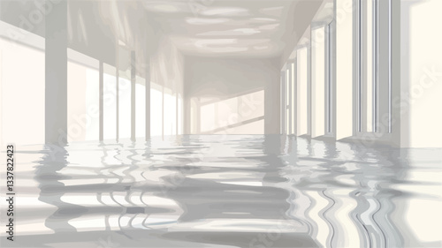 The image shows a long, brightly lit corridor with several evenly spaced windows on either side. The floor is covered with a significant amount of still water, creating reflections of the