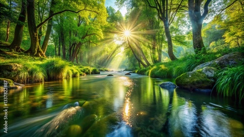 Serene Curving Stream: Sparkling Water Reflection in Tranquil Nature