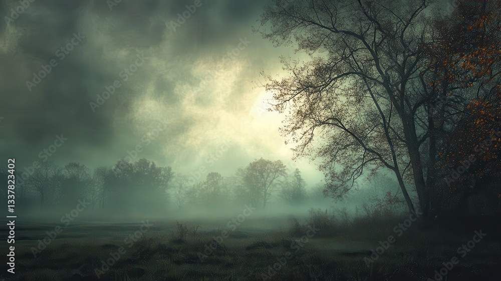 Obraz premium Foggy autumn forest sunrise, mystical mood, nature background