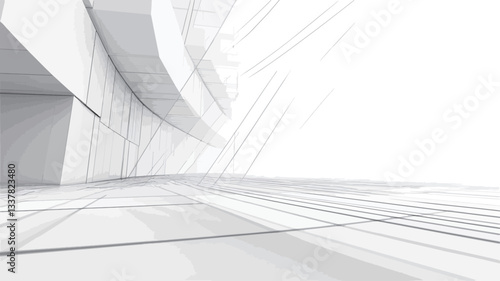 The image is a digital rendering depicting an abstract architectural space.  The scene is rendered in various shades of white and off-white, featuring a predominantly white color palette.  The