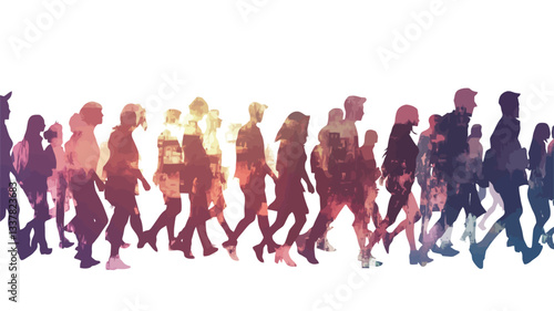 The image shows a horizontal arrangement of numerous human silhouettes walking in the same direction.  The silhouettes are depicted in varying shades of a warm color gradient, ranging from oranges