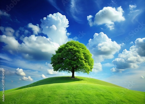 Serene Green Hill Landscape: Tall Tree, Blue Sky, Ample Copy Space - Stock Photo