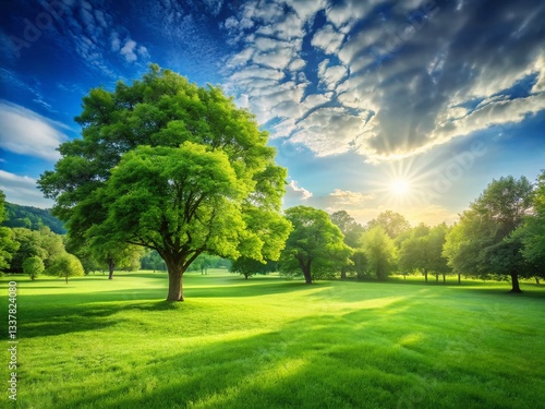 Serene Green Meadow Park Landscape: Sunny Day, Trees, Copy Space Stock Photo