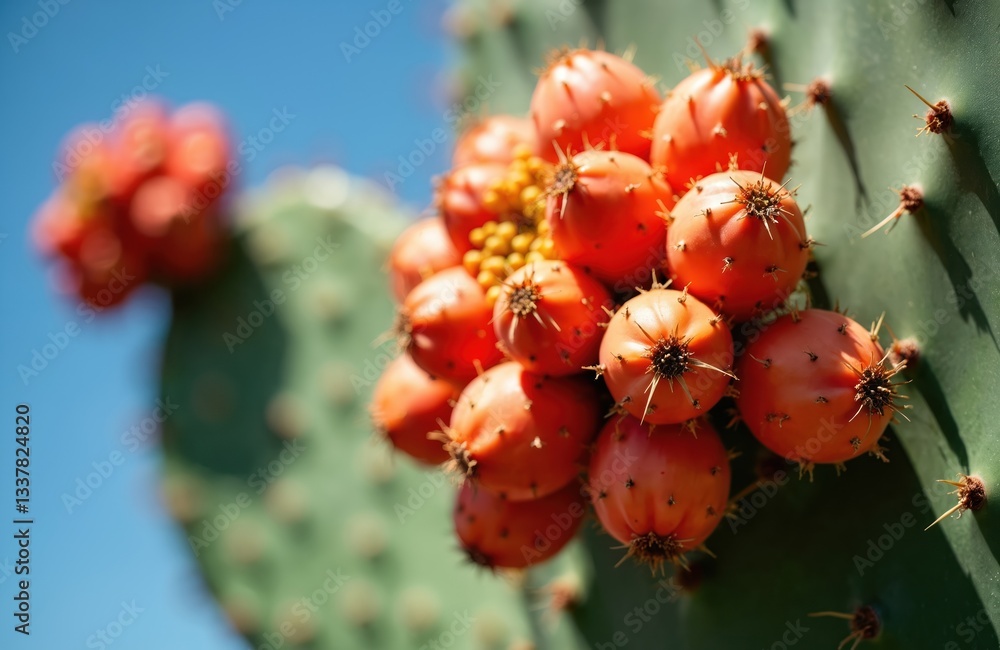 Close-up of orange prickly pear cactus fruits against the blue sky. Ripe exotic opuntia ficus-indica. Succulent plant with edible fruit rich in vitamins, antioxidants, dietary fiber. Close-up of orange prickly pear cactus fruits against the blue sky. Ripe exotic opuntia ficus-indica. Succulent plant with edible fruit rich in vitamins, antioxidants, dietary fiber.