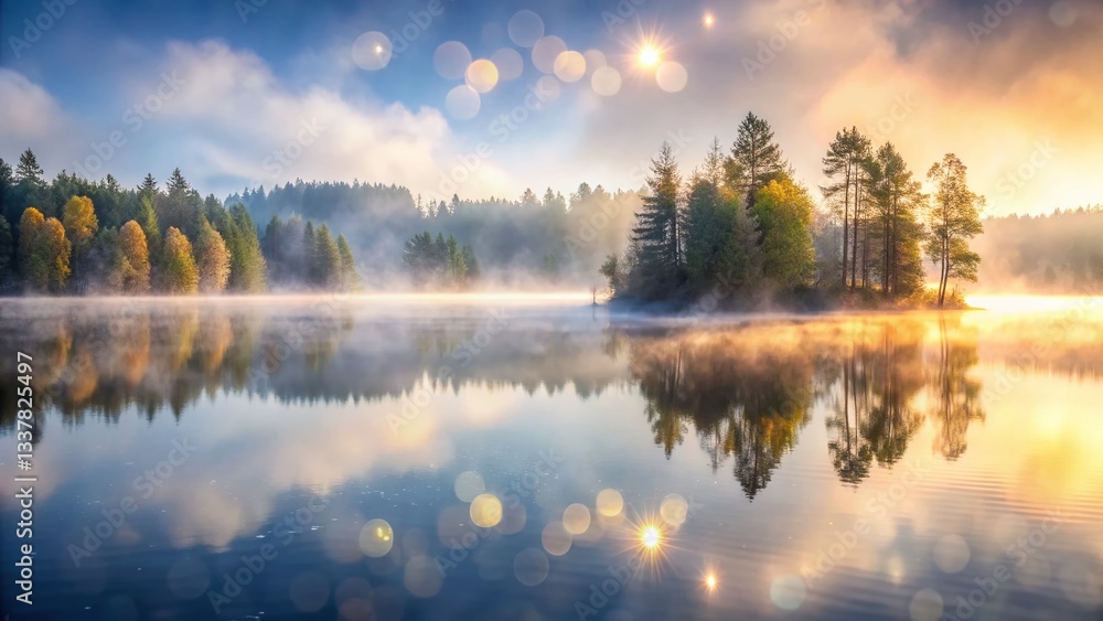 Serene Misty Lake at Dawn: Calm Waters, Rolling Fog, Gray Sky, Bokeh Effect Serene Misty Lake at Dawn: Calm Waters, Rolling Fog, Gray Sky, Bokeh Effect