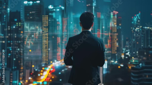 Wallpaper Mural Finance trade manager analyzing stock market indicators, investment strategy, and financial data with city business buildings in the background – shot from behind Torontodigital.ca