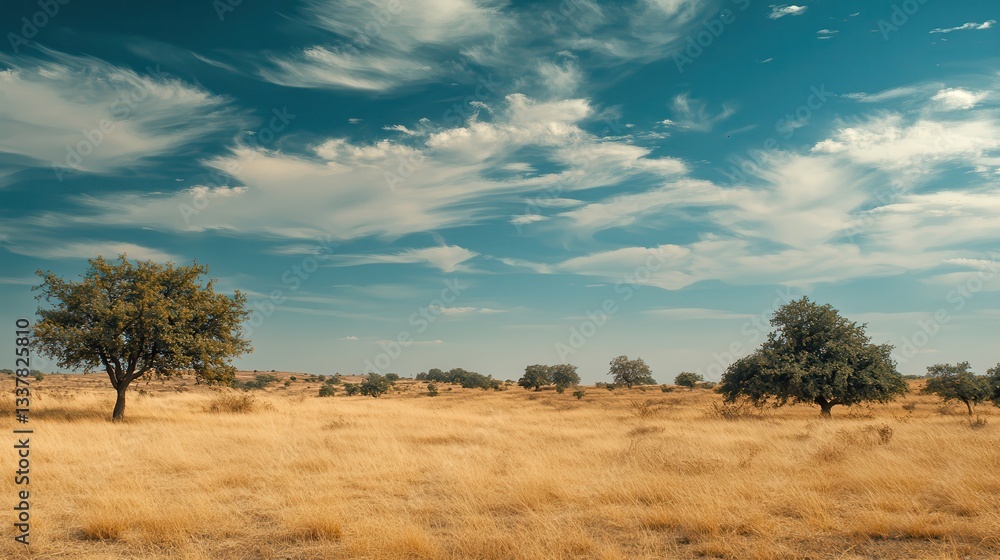 Golden field, scattered trees, blue sky, summer Golden field, scattered trees, blue sky, summer