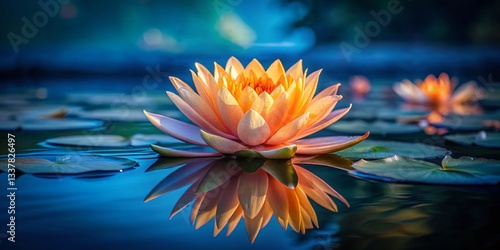 Serene Night: Single Orange Water Lily on Calm Blue Pond - Low Light Photography