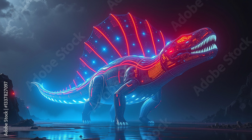 An epic scene of a holographic Dimetrodon in massive scale, its sail glowing with red and orange lines and blue highlights.  The scene features modern, futuristic elements, heroic proportions.