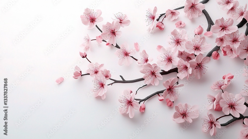 Japanese Minimalist Design with Cherry Blossom on White Background Japanese Minimalist Design with Cherry Blossom on White Background