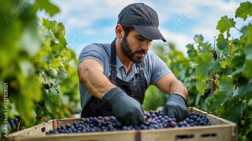 Vineyard worker carefully selects ripe grapes for harvest in the countryside