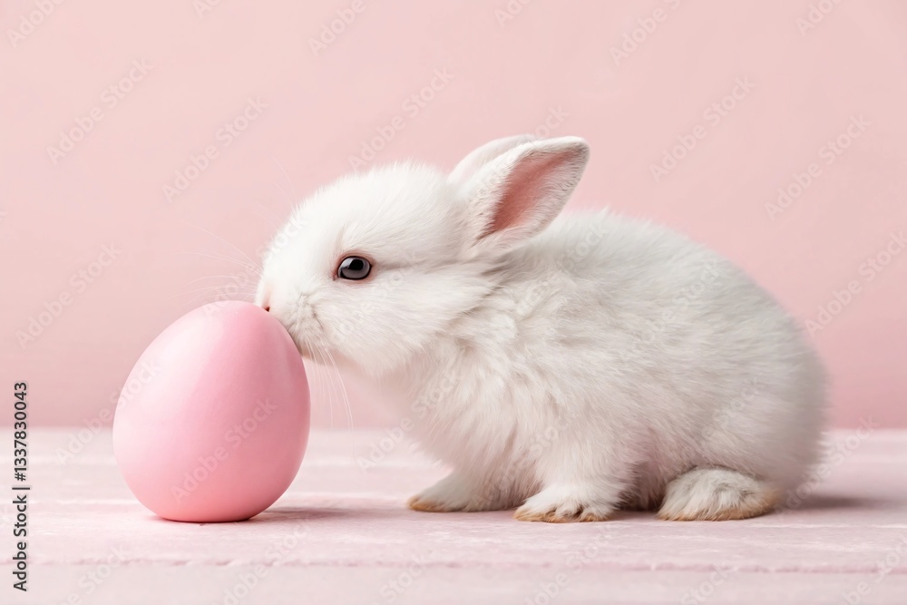 Fototapeta premium Fluffy Bunny Sitting Beside a Pink Easter Egg.