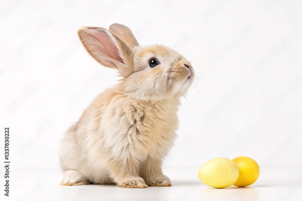 Fototapeta premium Bunny Beside Vibrant Easter Eggs on White Background.