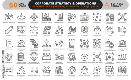 Corporate strategy and operations icon set. Thin line editable stroke icons for governance, leadership, business growth, synergy, workflow, and consulting.