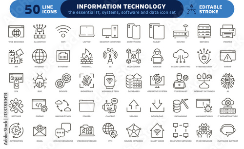 Information Technology icon set. Thin line editable stroke icons for IT, technology, systems, software, networks, cybersecurity, data analytics, AI and cloud computing