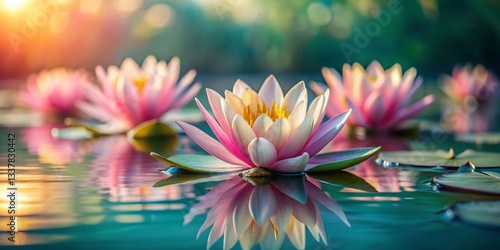 Serene Water Lilies: Delicate Petals Floating on Calm Water Surface