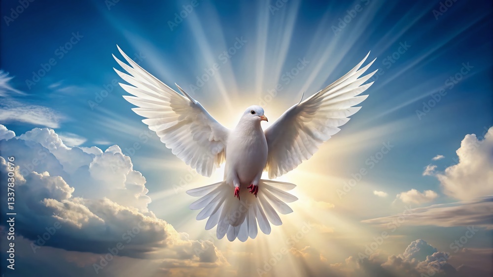 Fototapeta premium Serene White Dove in Flight - Peaceful Blue Sky Background Stock Photo