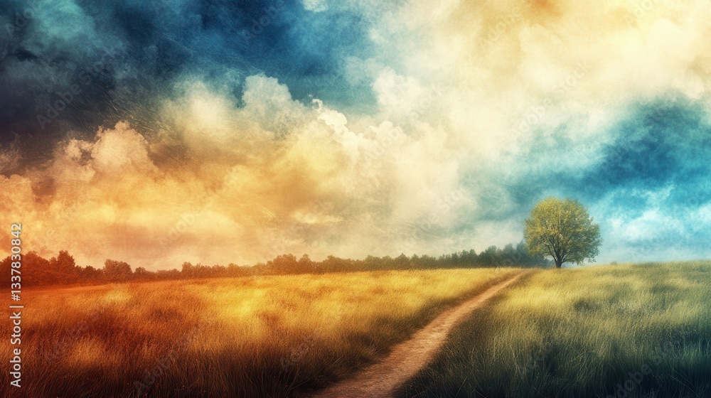 Lonely tree, path, field, dramatic sky, hope Lonely tree, path, field, dramatic sky, hope
