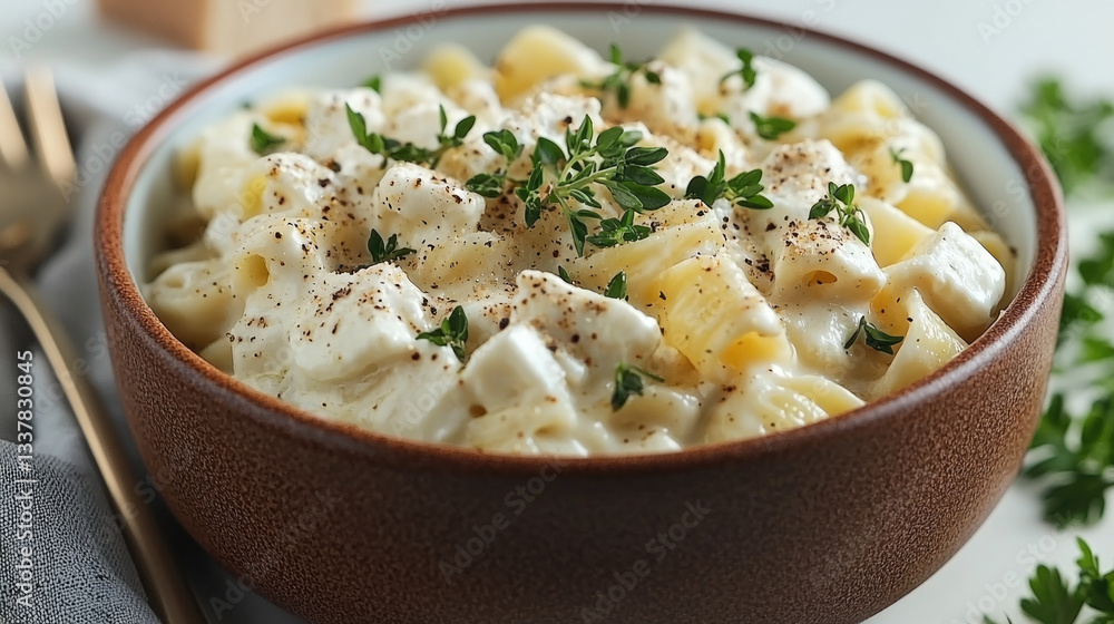 Creamy pasta dish with herbs, featuring macaroni and rich sauce, garnished with fresh thyme and black pepper for added flavor Creamy pasta dish with herbs, featuring macaroni and rich sauce, garnished with fresh thyme and black pepper for added flavor