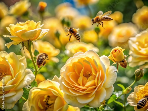 Serene Yellow Rose Garden with Busy Bees - Panoramic Nature Photography