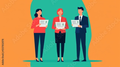 Three professionals stand together, holding documents, against a bright orange background, representing teamwork and collaboration.